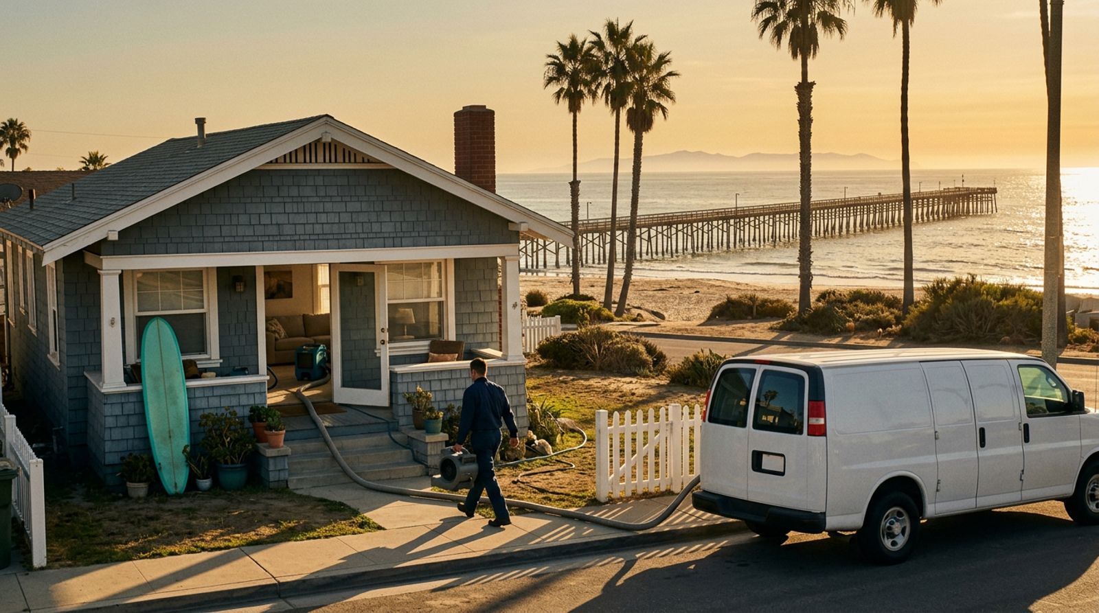 Ventura, California beach bungalow with water damage drying equipment on the porch and the Ventura Pier behind it