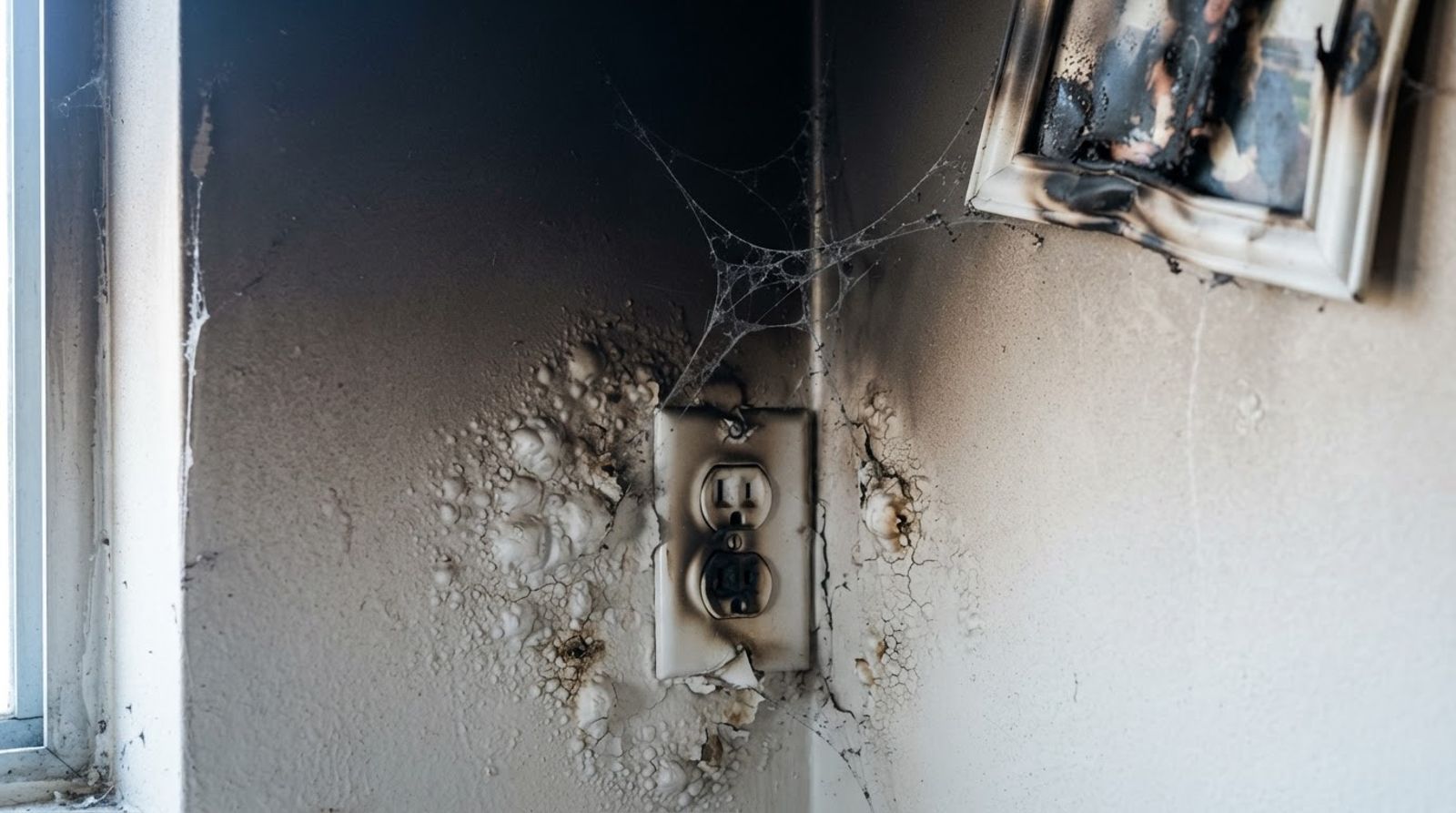 Close-up of bubbled paint, melted outlet cover and smoke webs in the corner of a fire damaged room