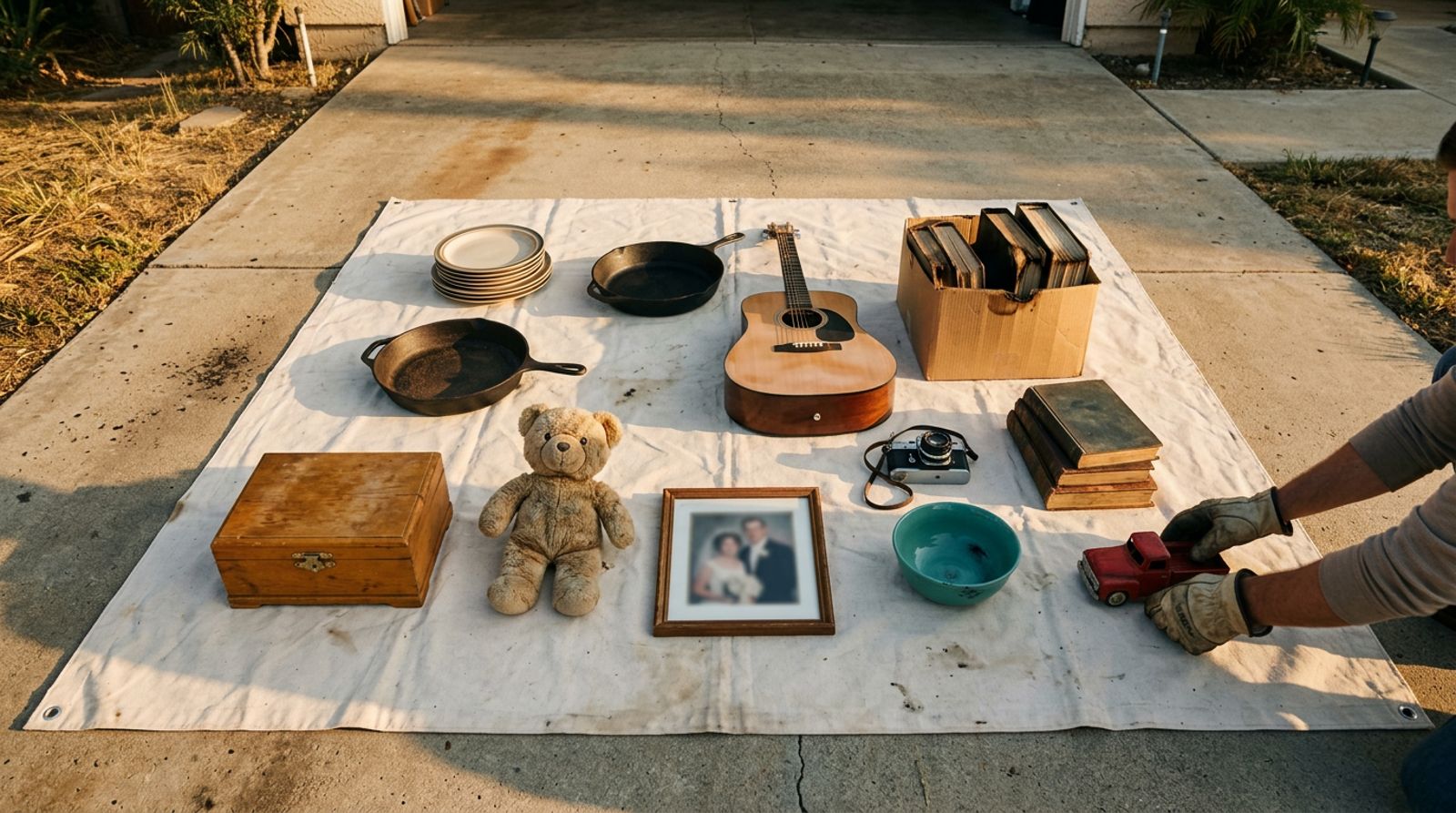 Cleaned and salvaged belongings from a house fire laid out on a sheet in a driveway at golden hour