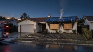 Fire damaged Southern California stucco home at dawn with boarded windows and an emergency roof tarp