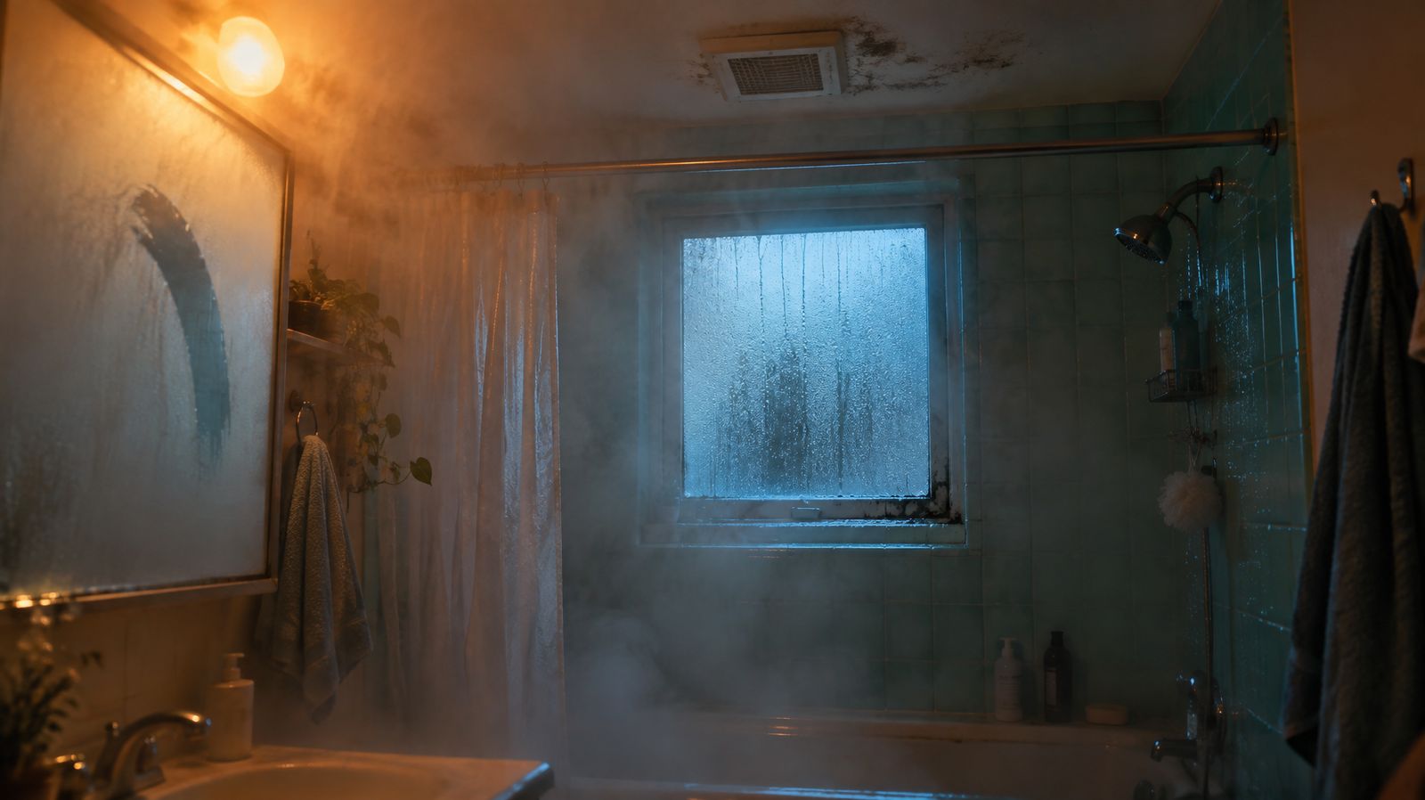 Steamy bathroom with condensation running down the window and mirror, a common source of mold