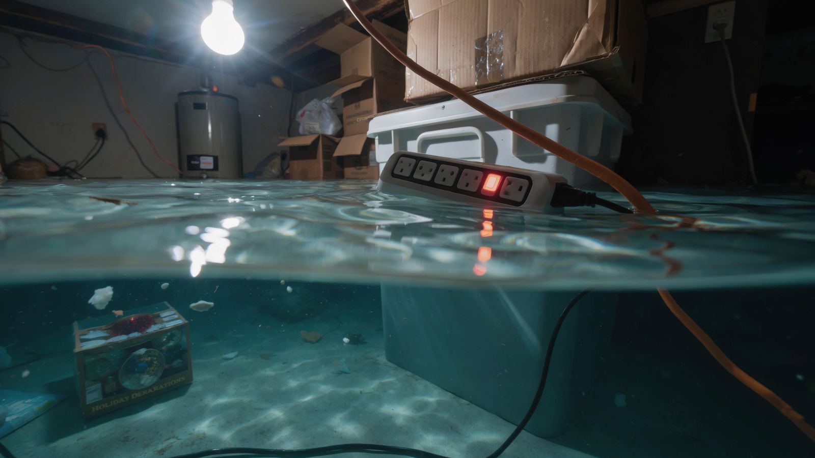 Half underwater view of a flooded basement with a power strip floating near standing water