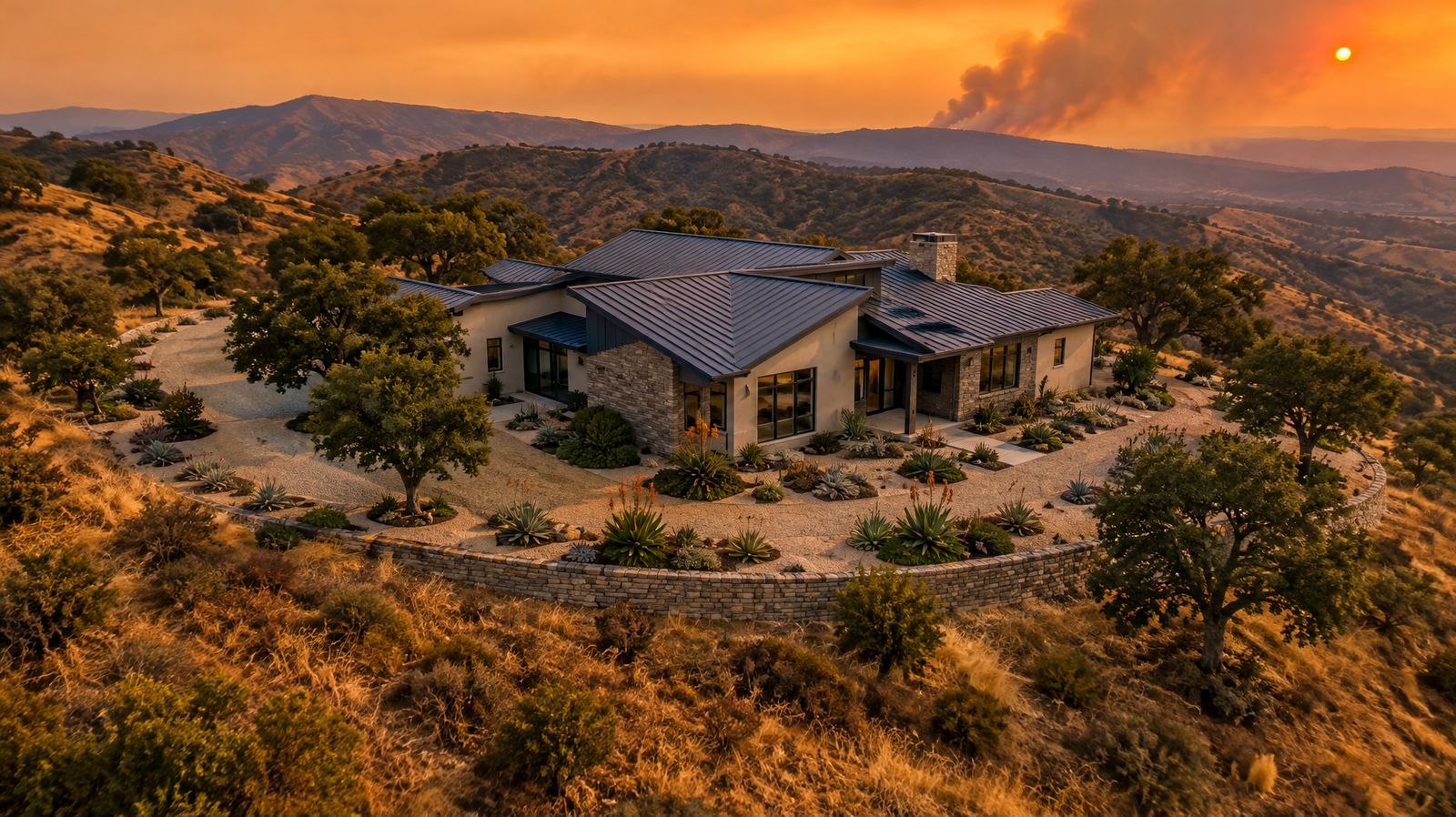 Fire resistant hillside home with metal roof, stone walls and gravel defensible space under a smoky orange sky