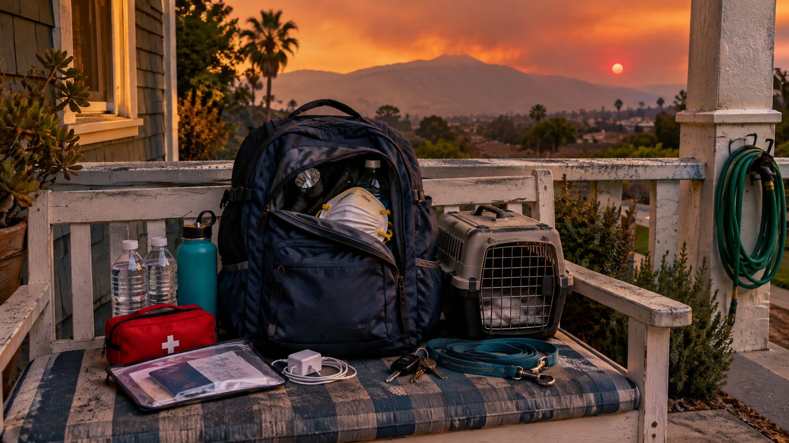Packed wildfire evacuation go bag on a front porch with a hazy orange sky over California hills