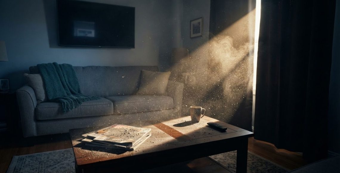 Sunbeam revealing floating smoke particles over a living room that looks normal after a fire
