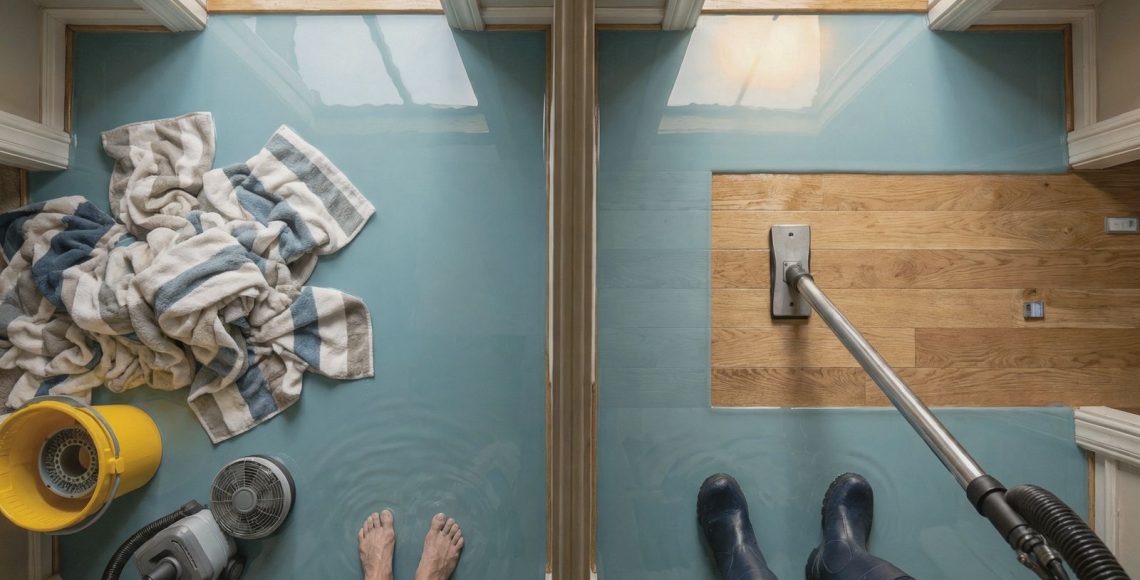Overhead view of a flooded hallway with DIY towels and a bucket on one side and professional extraction equipment on the other