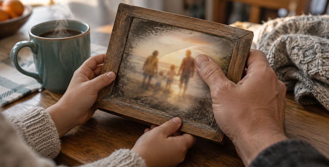 Two hands holding a smoke stained family photo frame beside a mug of tea in soft morning light