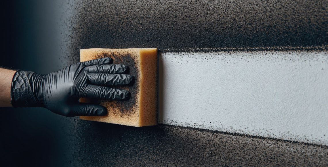 Gloved hand wiping a clean stripe through heavy soot on a white wall with a dry chemical sponge