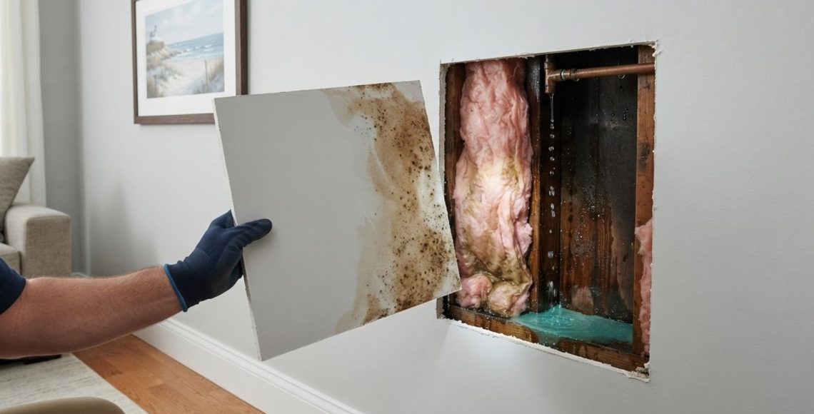 Technician holding a cut piece of drywall revealing wet insulation and stained studs inside a wall