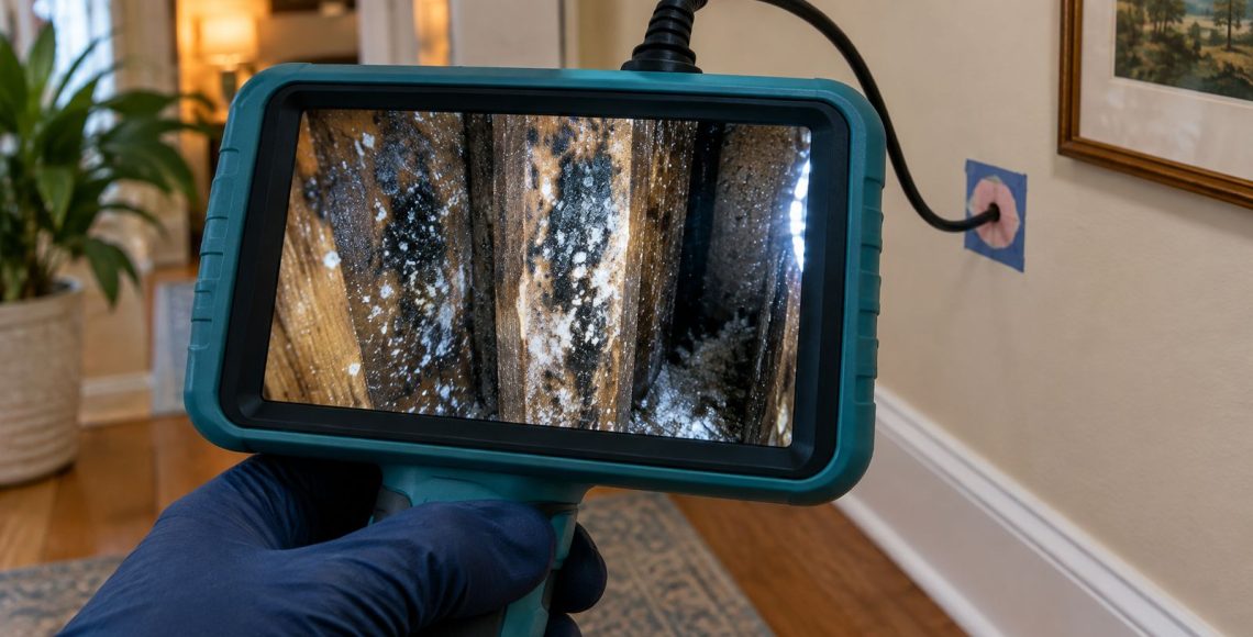 Inspection camera inserted into a small hole in a wall with its screen showing mold inside the wall cavity