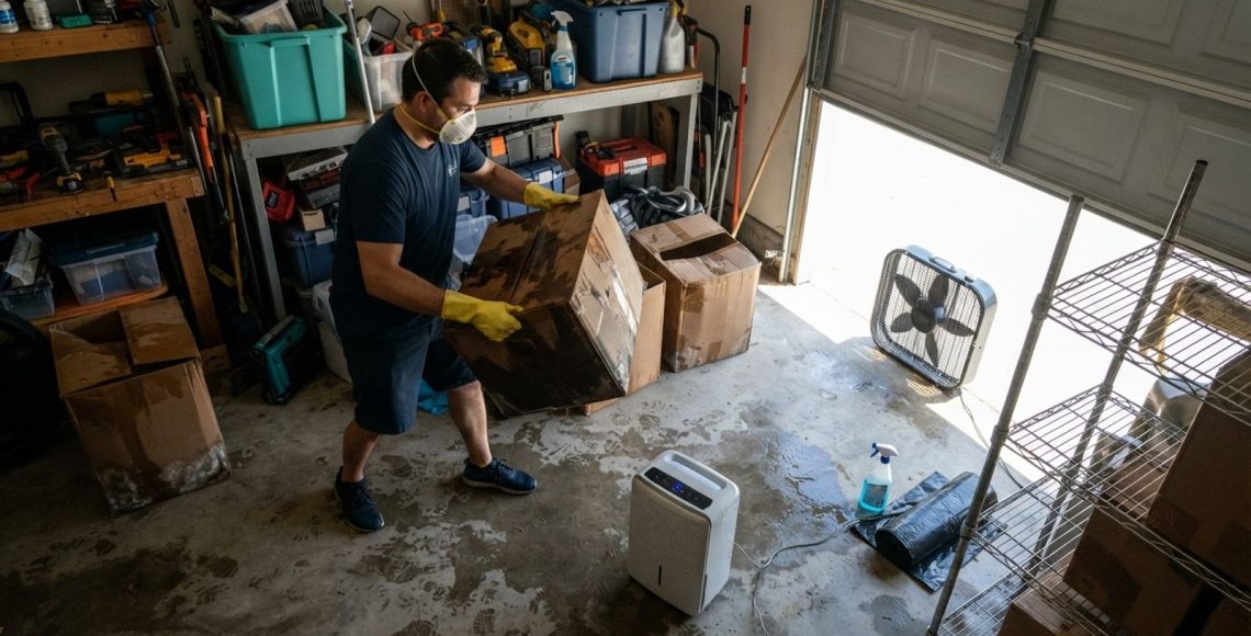 Overhead view of a homeowner moving wet cardboard boxes away from a dehumidifier in a damp garage