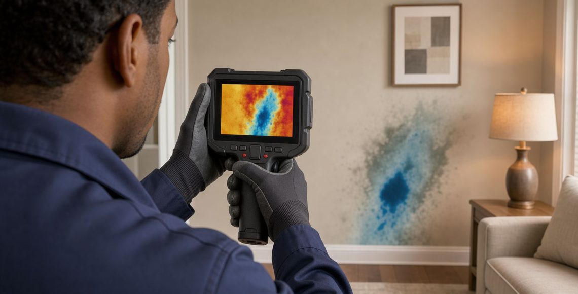 Technician holding a thermal imaging camera that reveals hidden moisture behind a clean looking wall