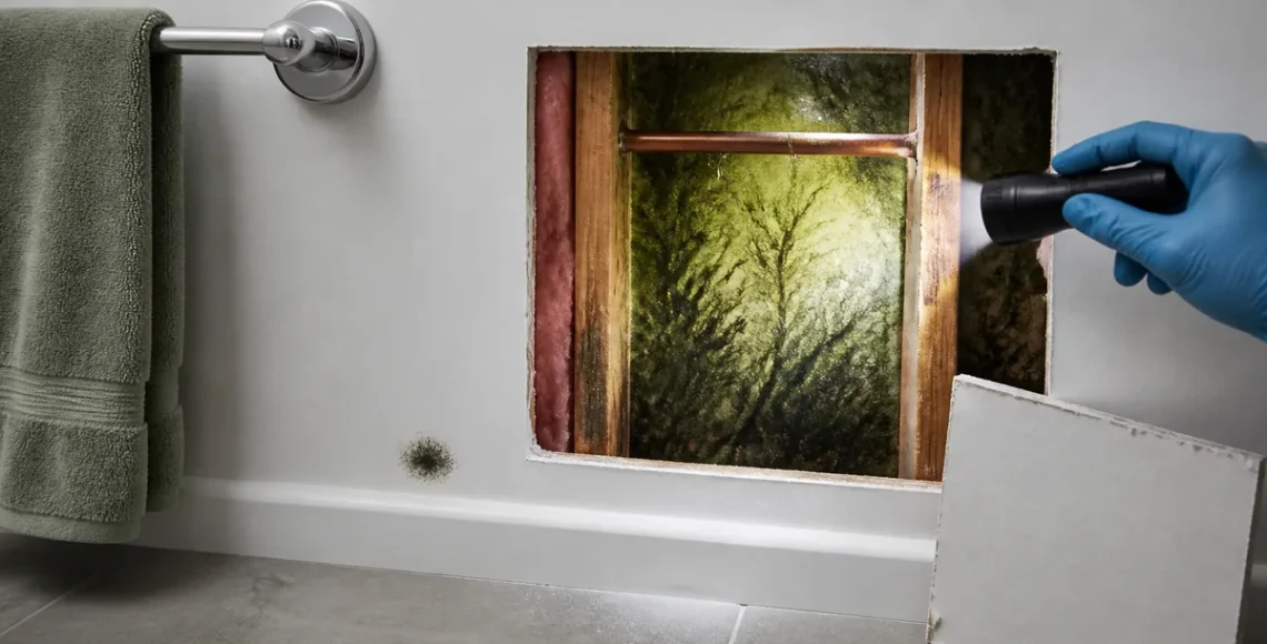 Opening cut in a bathroom wall revealing hidden mold behind a small spot, showing what affects mold remediation cost