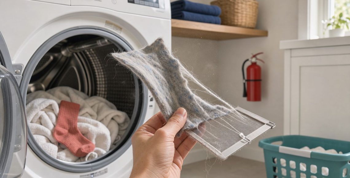 Hand pulling a thick layer of lint out of a clothes dryer lint trap in a bright laundry room