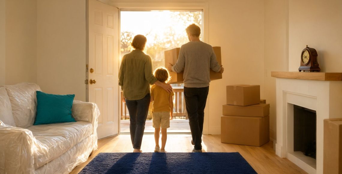 Family walking back into their fully restored bright living room after professional fire restoration