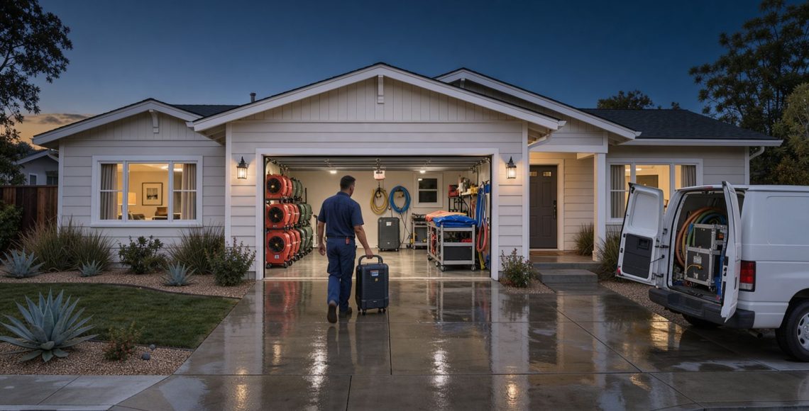 California ranch home at dusk with water damage drying equipment visible through the open garage