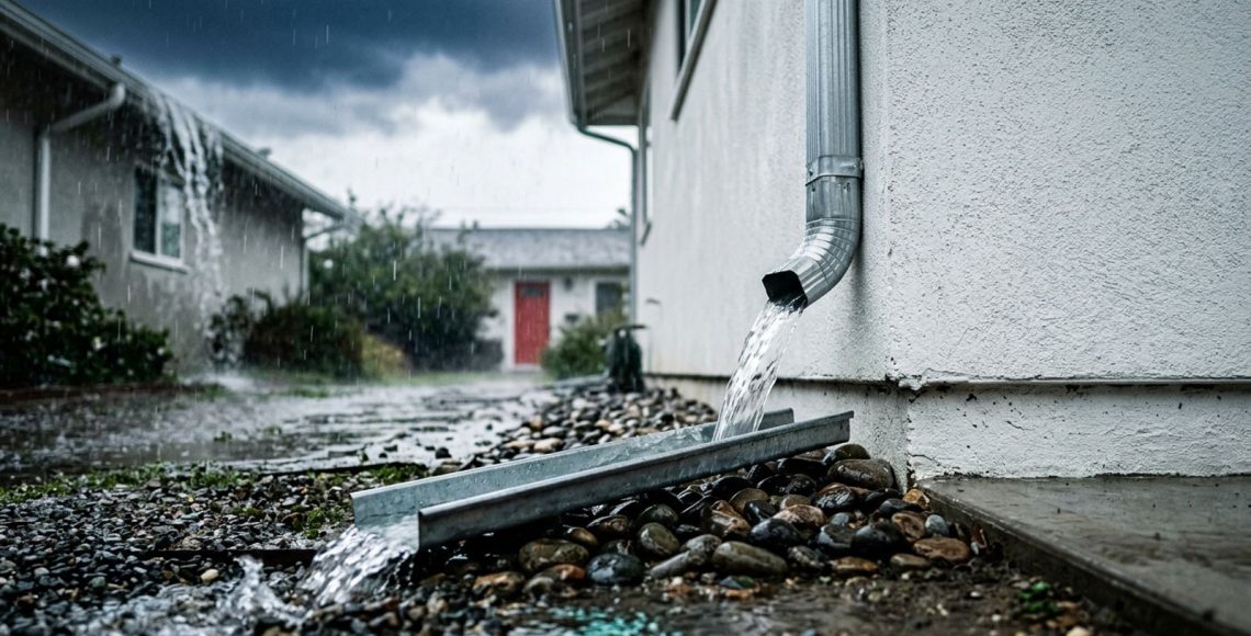 Clean gutter and downspout carrying heavy rain away from a home's foundation through an extension