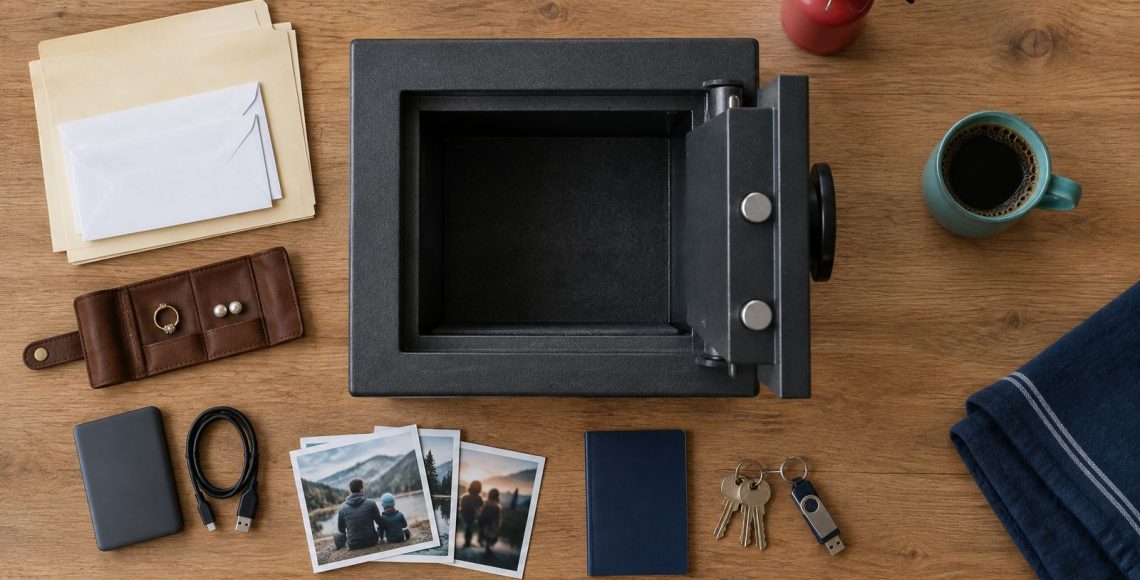 Open fireproof safe on a kitchen island surrounded by family photos, documents, jewelry and a backup hard drive