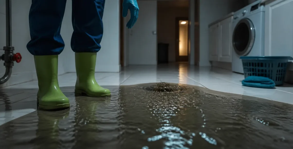 Restoration technician in rubber boots stopping at the edge of water from an overflowing floor drain during sewage backup cleanup