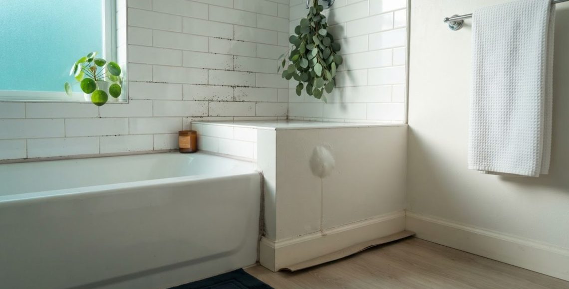 Bathroom corner with bubbling paint, black spots on grout and mold along the baseboard