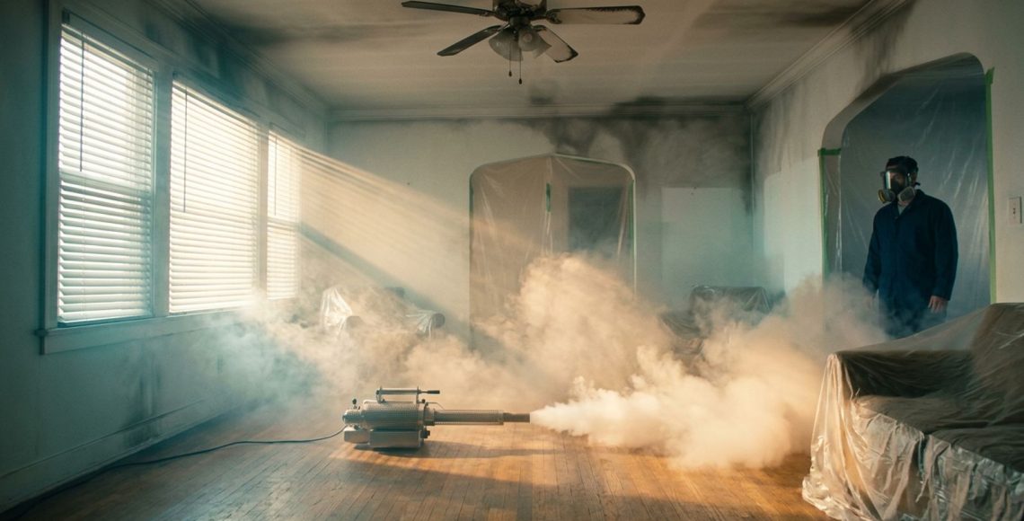 Thermal fogging deodorization mist drifting through sunbeams in a smoke damaged living room