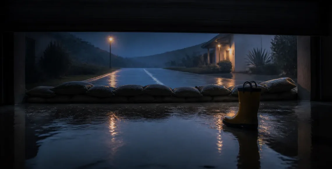 Rainwater slipping past sandbags into a garage during a storm, showing when storm damage cleanup is needed in Ventura County