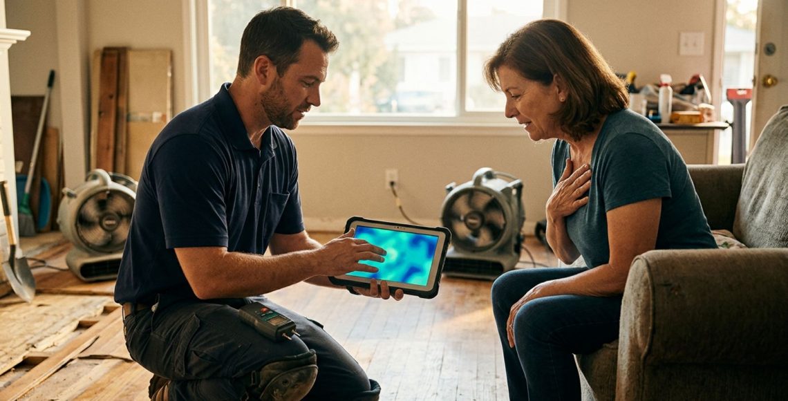 Water damage restoration technician showing a homeowner moisture readings on a tablet in a living room