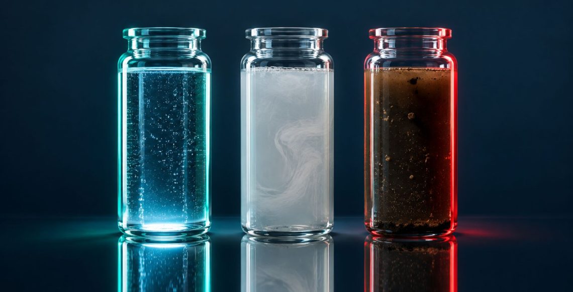 Three glass jars showing clean water, gray water and black water against a navy background