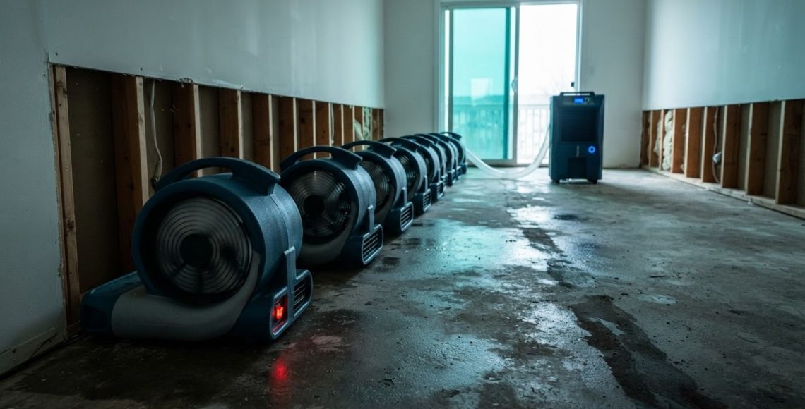 Air movers and a commercial dehumidifier drying a water damaged living room after flooring removal
