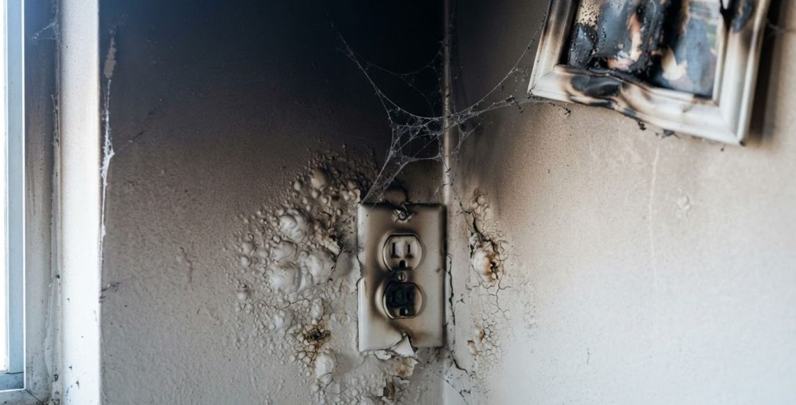 Close-up of bubbled paint, melted outlet cover and smoke webs in the corner of a fire damaged room