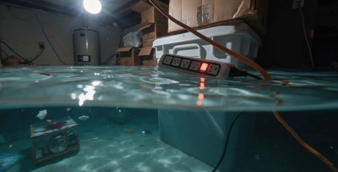 Half underwater view of a flooded basement with a power strip floating near standing water