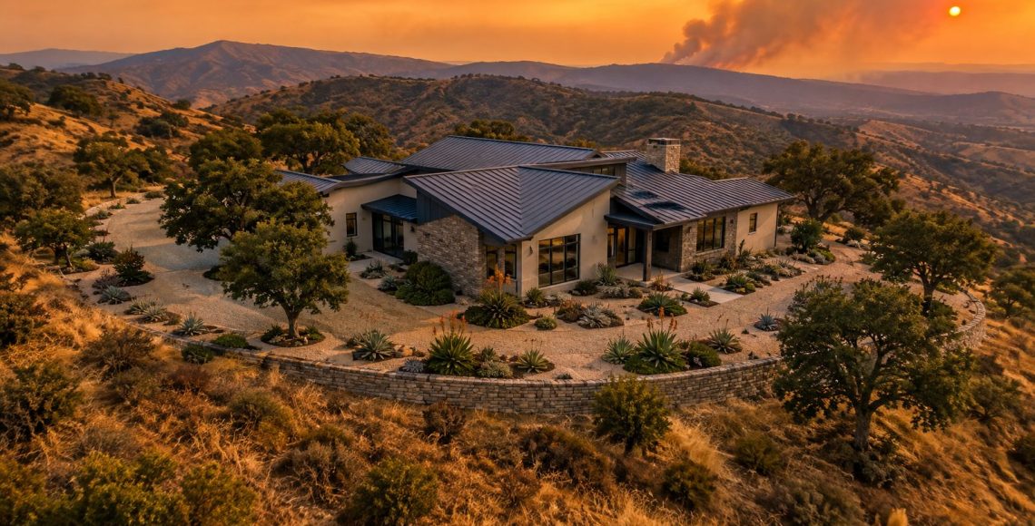 Fire resistant hillside home with metal roof, stone walls and gravel defensible space under a smoky orange sky